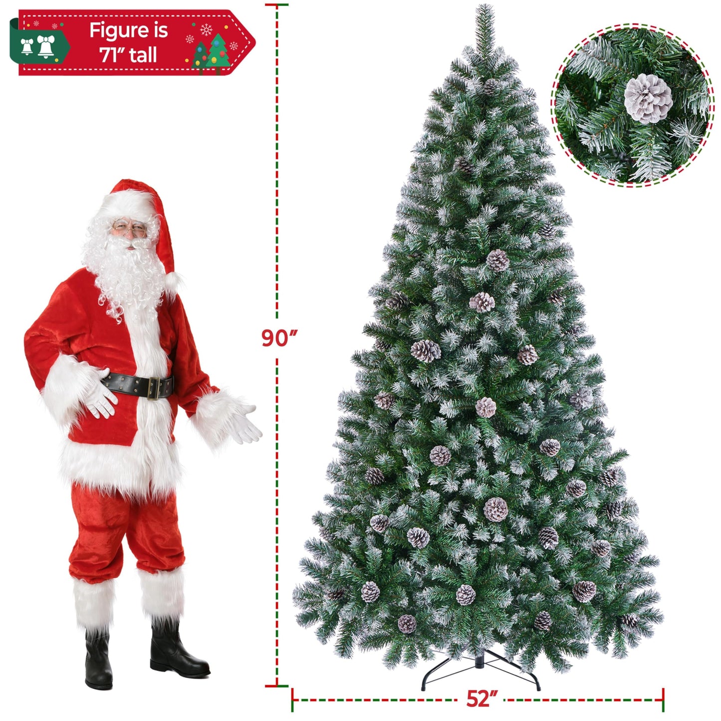 Yaheetech 7.5ft Pre-lit Christmas Tree, Snow Flocked Artificial Christmas Tree with 82 Snow Pinecones & 1346 PVC Branch Tips & 500 Warm White Lights, White & Green