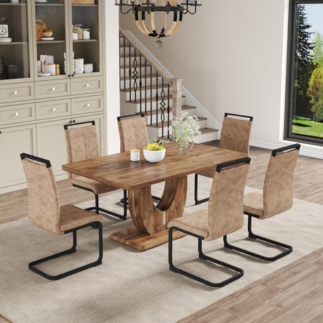 Btikita Dining Table Set for 6, Kitchen Table Chairs Set of 6, Modern Dining Room Set with 63 inch Wood Dinner Table Leather Upholstered Chairs for Kitchen (Brown, Wood Table with 6 Chairs) Btikita