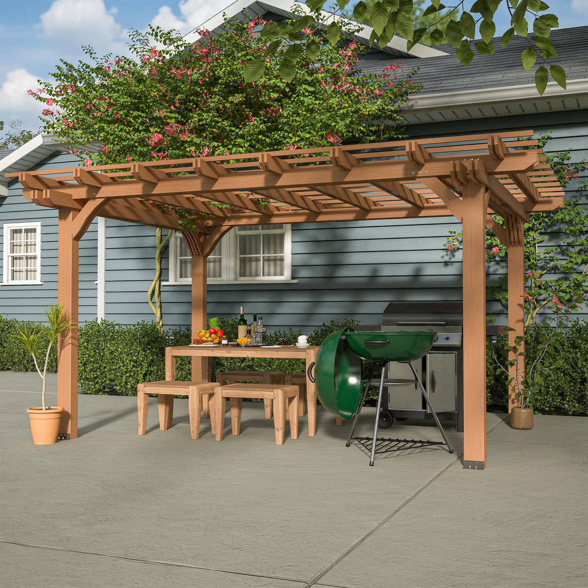 12' x 10' Outdoor Wood Pergola, Wooden Patio Pergola Gazebo Sunshade for Climbing Plant Support, Garden, Patio, Backyard, Deck, Brown Hohuqeri