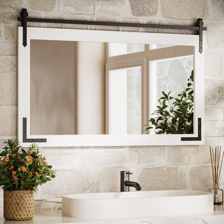 TETOTE Farmhouse Barn Door White Wood Mirror for Bathroom Wall 40” x 26” Waterproof Natural Solid Wooden Framed Rectangle Vanity Mirror Wall Mounted, Fully Assembled TETOTE