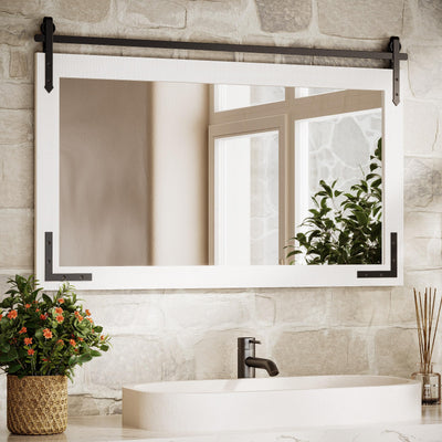 TETOTE Farmhouse Barn Door White Wood Mirror for Bathroom Wall 40” x 26” Waterproof Natural Solid Wooden Framed Rectangle Vanity Mirror Wall Mounted, Fully Assembled