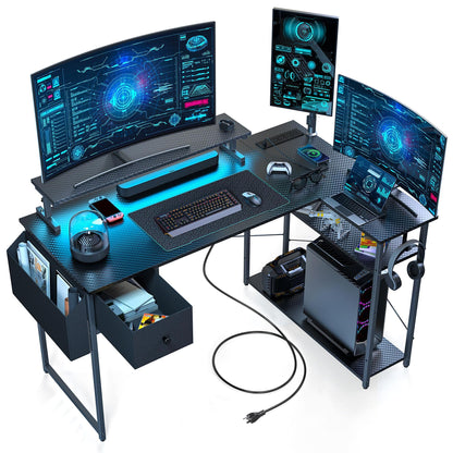 DOMICON Gaming Desk, 47 inch L Shaped Gaming Desk, Computer Desk with LED Lights & Adjustable Stand, Power Outlets, Storage Drawer, Reversible Gaming Desk with Shelves, Hook, Black Carbon Fib - WoodArtSupply