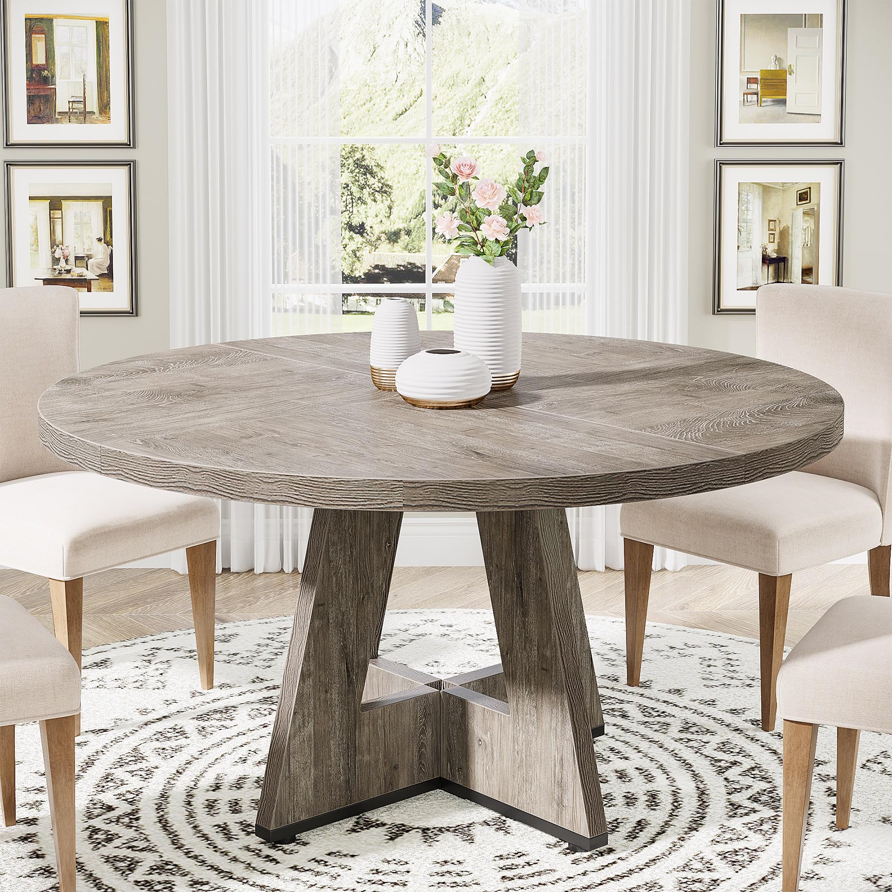 Tribesigns Round Dining Table for 4, 47 Inch Grey Kitchen Table Small Dinner Table Farmhouse Wood Kitchen Dinning Table for Dining Room Kitchen,Living Room (Chairs not Included) - WoodArtSupply