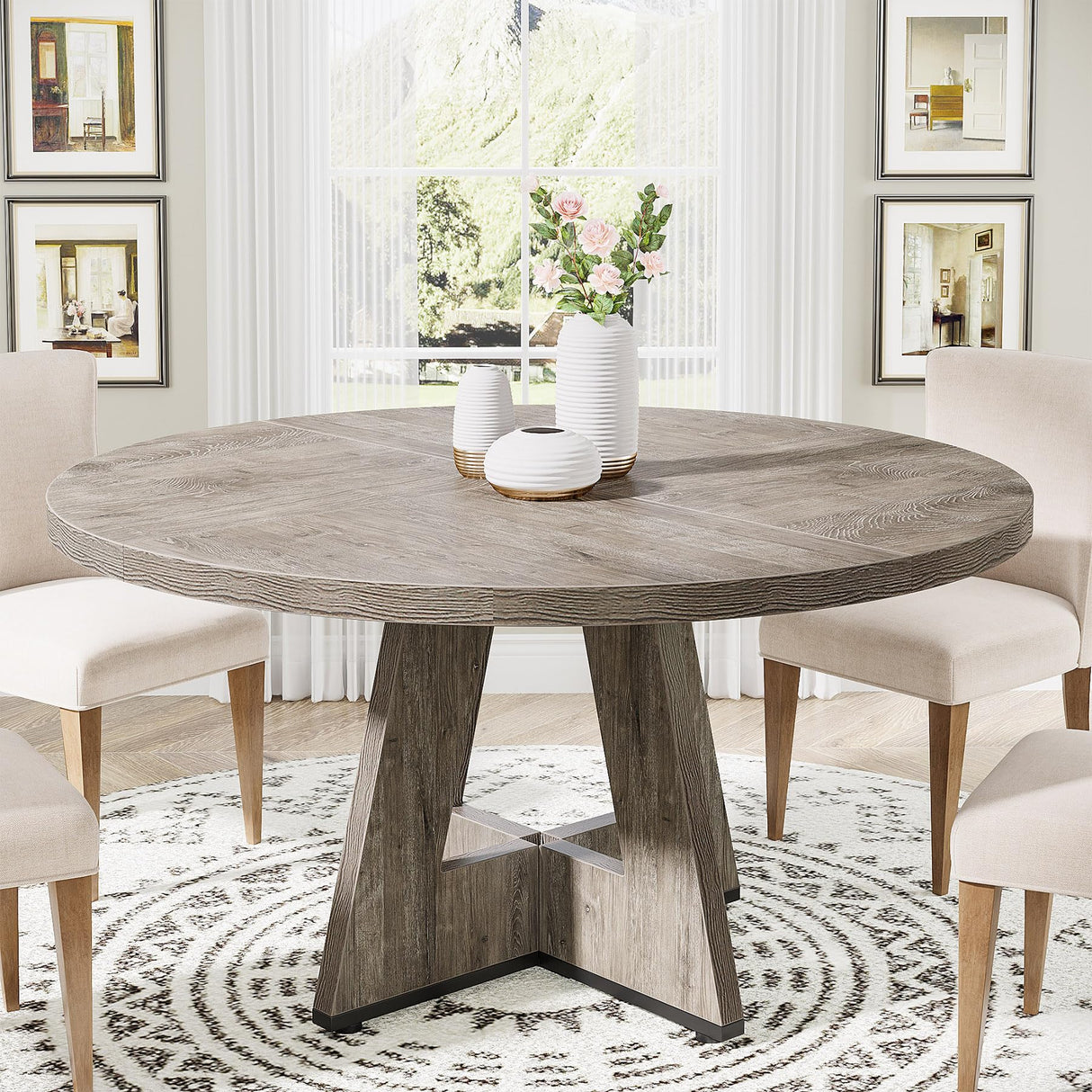 Tribesigns Round Dining Table Wood Kitchen Table for Dining Room Living Room, 47 inches Dining Room Tables for 4 Person, Farmhouse Dinner Table with Wooden Table Top and Legs, Rustic Grey(Only Table) Tribesigns