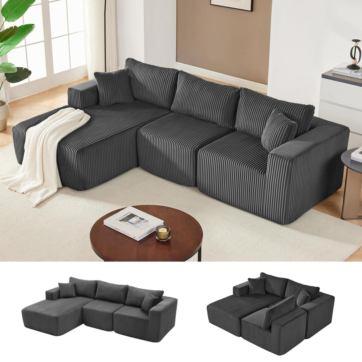 97" Boneless Couches for Living Room, Cloud Couch Sectional with Deep Seat, Comfy Couch with L-Shaped Chaise, Minimalist Upholstered Modular Sectional Sofa, No Assembly Required (Corduroy,Grey) Huatean Home