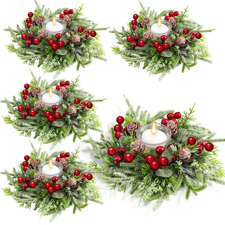 Lyrow 4 Pcs Christmas Candle Rings Wreath Norfolk Pine Garland Red Berry Pinecones Wreaths Artificial Berries Snowy Pine Garland Candle Ring Holder for Christmas Wedding Home Table Centerpiece Lyrow