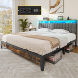 DWVO King Size Bed Frame with Charging Station, 2-Tier Storage Headboard with RGB LED Lights, Linen Upholstered Platform Bed Strong Wooden Slats, No Box Spring Needed Noise Free, Rustic Brown DWVO