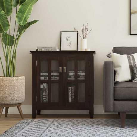 SIMPLIHOME Artisan SOLID WOOD 30 Inch Wide Contemporary Low Storage Cabinet in Tobacco Brown, For the Living Room, Entryway and Family Room SIMPLIHOME