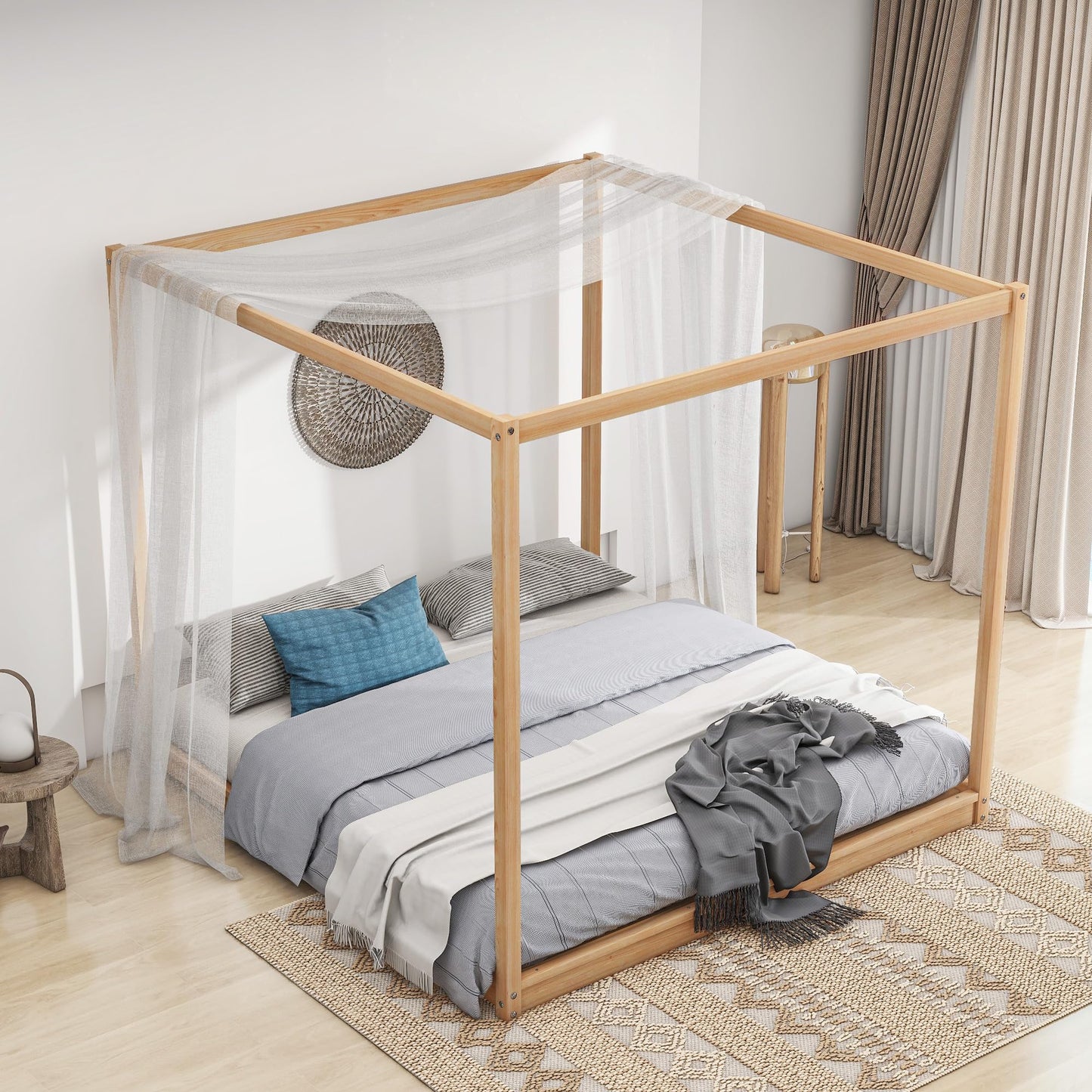 Stylish King Size Canopy Bed Frame in Natural Wood Finish with Slat Support - WoodArtSupply