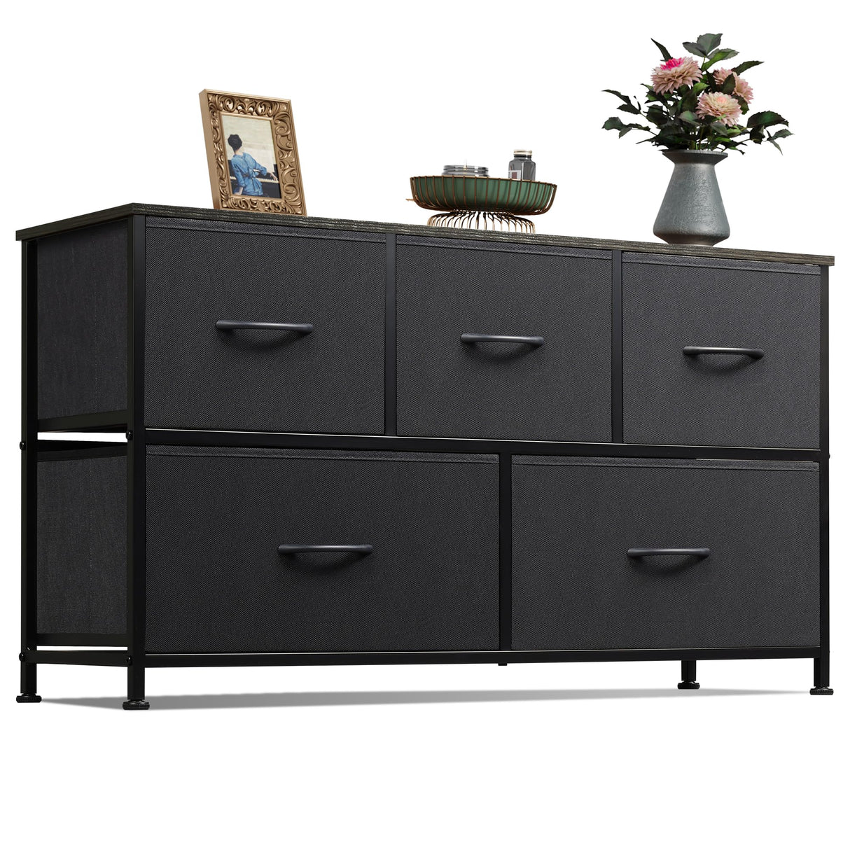 WLIVE Dresser for Bedroom with 5 Drawers, Wide Chest of Drawers, Fabric Dresser, Storage Organizer Unit with Fabric Bins for Closet, Living Room, Hallway, Charcoal Black WLIVE