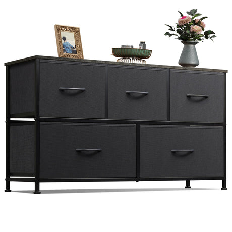 WLIVE Dresser for Bedroom with 5 Drawers, Wide Chest of Drawers, Fabric Dresser, Storage Organizer Unit with Fabric Bins for Closet, Living Room, Hallway, Charcoal Black WLIVE