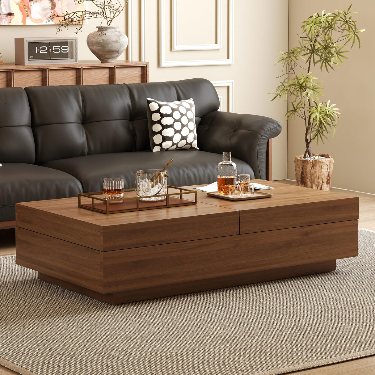 Mid-Century Modern Expandable Coffee Table, 47.2"-81.8" Adjustable Walnut Center Table with Large Hidden Storage for Living Room NessCarsti
