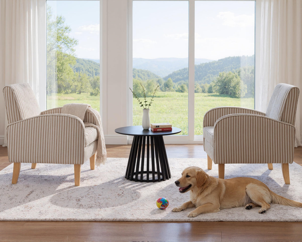 Farmhouse Striped Accent Chair for Living Room Set of 1, Linen Fabric Modern Comfy Armchairs with Cushion, Upholstered Striped Reading Chairs for Bedroom Couch Chair with Wood Legs, Khaki LIVINOVA