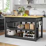 47.3" Solid Rubberwood Kitchen Island with Power Outlets - Extra Large Work Surface, 2 Drawers & Open Shelves Storage Cabinet for Kitchen Dining Room, Farmhouse Style (Black) DynJest