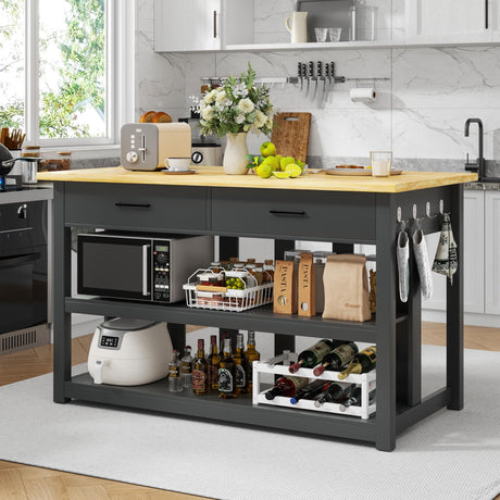 47.3" Solid Rubberwood Kitchen Island with Power Outlets - Extra Large Work Surface, 2 Drawers & Open Shelves Storage Cabinet for Kitchen Dining Room, Farmhouse Style (Black) DynJest