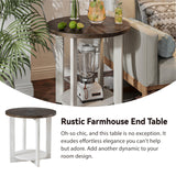 Round Wood End Table with Storage, Farmhouse Rustic Accent Table with Distressed Wood Top, Circle Table for Living Room, Brown COZAYH