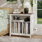 ChooChoo Large Record Player Stand with Charging Station & LED Light, Vinyl Record Holder hold up to 300 Albums, Farmhouse End Table for Bedroom, Living Room, Soft White ChooChoo