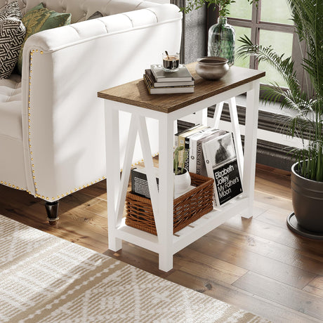 ChooChoo Farmhouse End Table Set of 2, Rustic Vintage Narrow End Side Table with Storage Shelf for Small Spaces, Nightstand Sofa Table for Living Room, Bedroom White ChooChoo