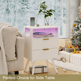 JOONEE White Nightstand with Charging Station and LED Lights,Modern Bedside Table with 2 Storage Drawer and Open Wood Shelf, for Bedroom and Small Spaces,Night Stand with Solid Wood Legs, White JOONEE