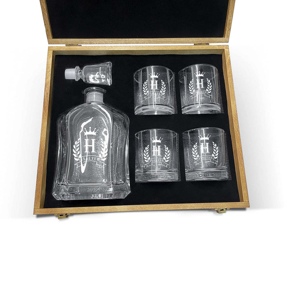 Customized Monogrammed Whiskey Decanter Set - 2 Glasses, Engraved Shield Crown Design - Wedding Decanter with Wood Box Krezy Case