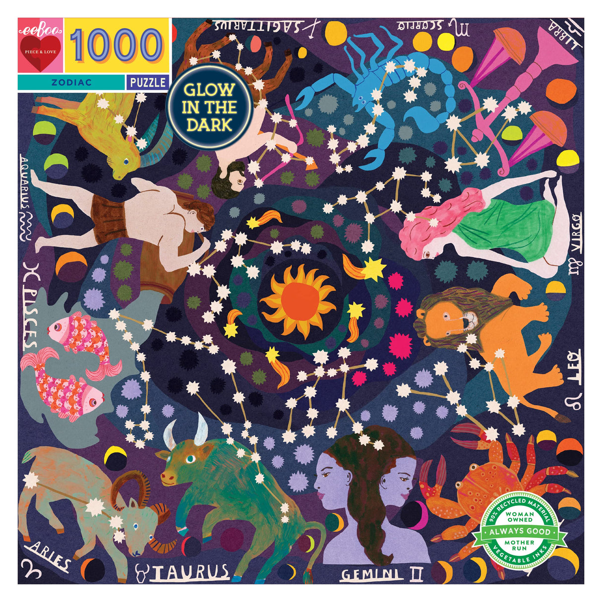 eeBoo Piece and Love Zodiac Constellation 1000-piece Square Adult Jigsaw Puzzle Glow in The Dark, Jigsaw Puzzle for Adult and Families, with Glossy, Sturdy Pieces and Minimal Puzzle Dust eeBoo