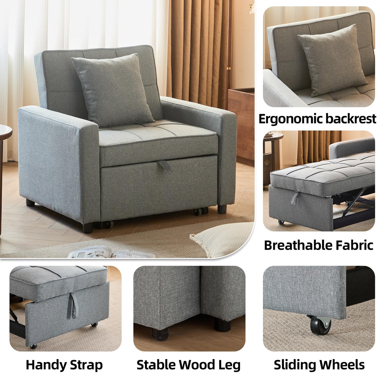 Yosonch Sofa Bed Chair Convertible ，Sleeper Sofa with Pull-Out Bed ，3-in-1 Futon Couch with Reclining Backrest and Side Pocket (Light Grey, 35.6‘) Yosonch