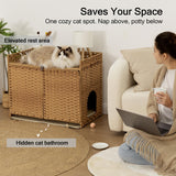 Cat Litter Box Enclosure and Hall Table, Handwoven Rattan Cat Litter Box Hider Furniture with 2 Litter Mats, Three-Sided Fenced Top, Large 30.3”L x 18.2”W x 24.2”H, Ombre Wheat Furriends