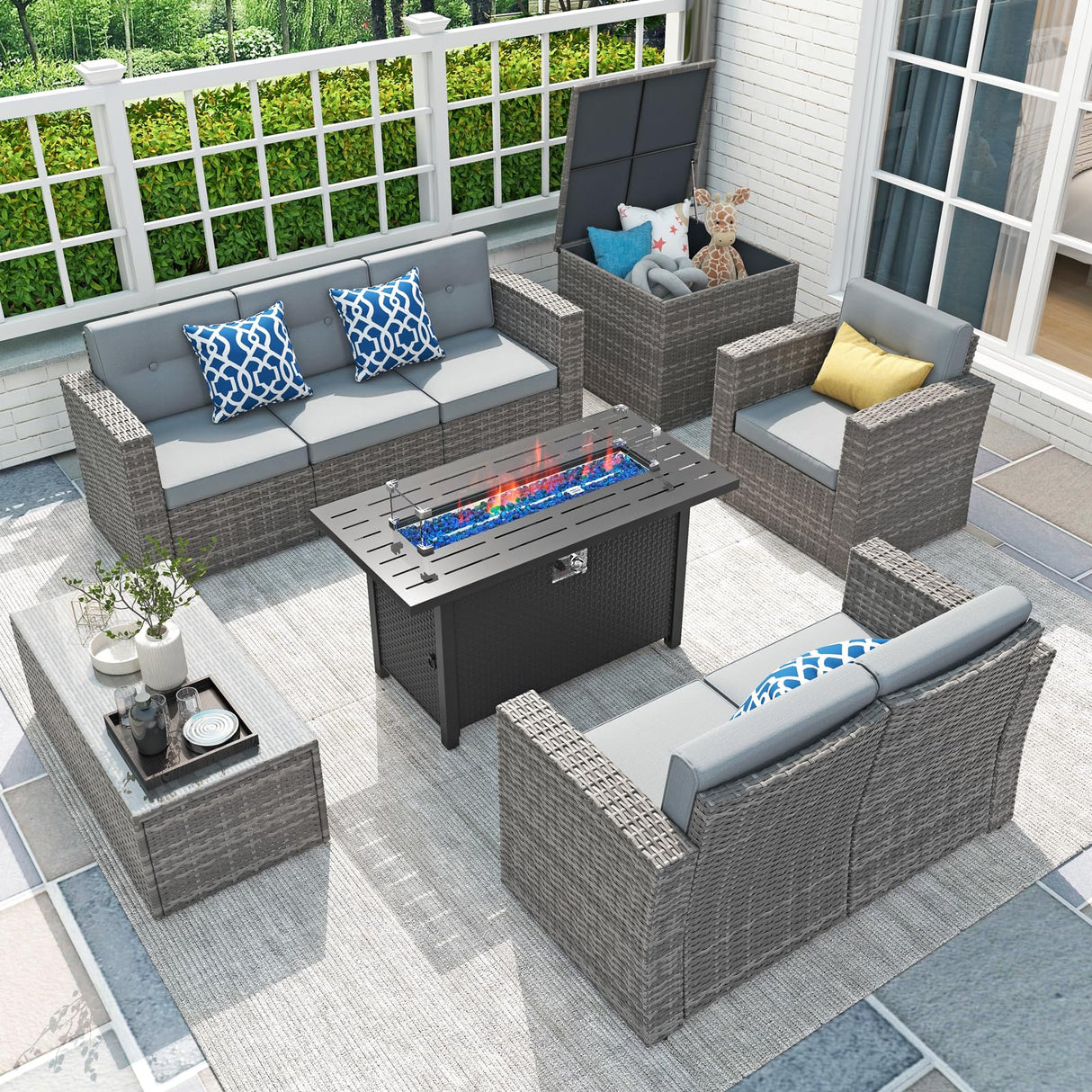 JOIVI 9 Piece Patio Conversation Set with 45" Fire Pit Table, PE Wicker Outdoor Furniture Set with Storage Box, Tempered Glass Top Table, Fireproof Glass Beads Cover, 2 Pillows Included, Gray JOIVI