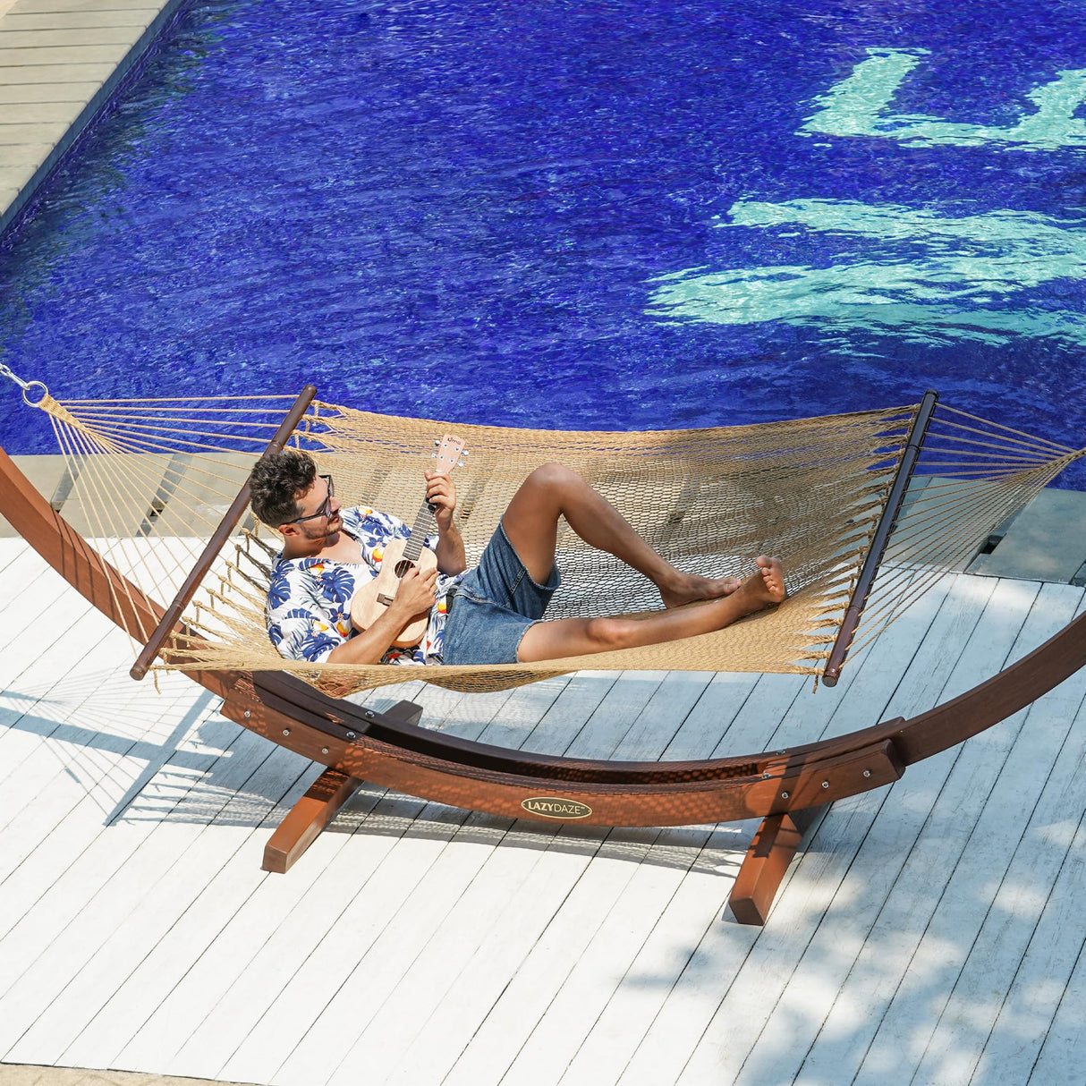 Lazy Daze Hammocks 10.5 FT Double 2 Person Caribbean Rope Hammock, Hand Woven Polyester Hammock with Spreader Bars, for Outside Outdoor Backyard Patio Poolside,450 LBS Capacity, Tan Lazy Daze Hammocks