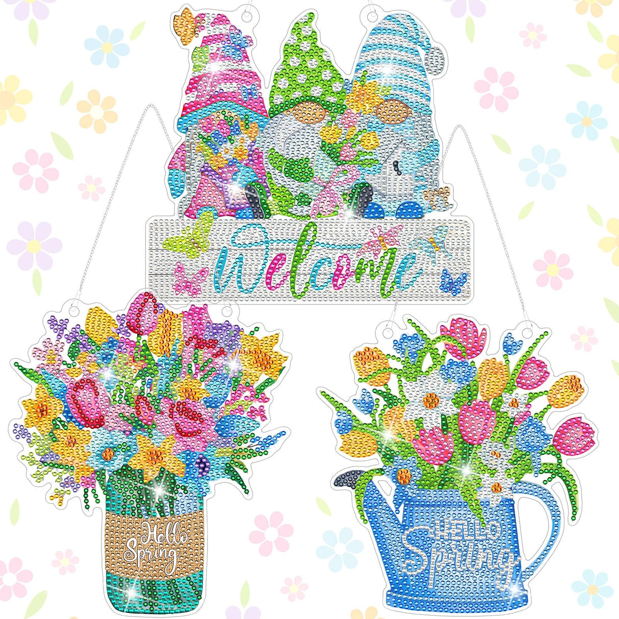 Threehoney 3 Pcs DIY Spring Diamond Painting Wreath Kit Tulip Flower Gnome Diamond Art Hanging Wreath Spring Crystal Painting Ornaments Hanging Sign for Adults Beginners Craft Supplies Threehoney