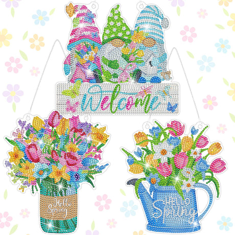 Threehoney 3 Pcs DIY Spring Diamond Painting Wreath Kit Tulip Flower Gnome Diamond Art Hanging Wreath Spring Crystal Painting Ornaments Hanging Sign for Adults Beginners Craft Supplies Threehoney