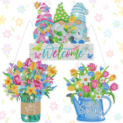 Threehoney 3 Pcs DIY Spring Diamond Painting Wreath Kit Tulip Flower Gnome Diamond Art Hanging Wreath Spring Crystal Painting Ornaments Hanging Sign for Adults Beginners Craft Supplies
