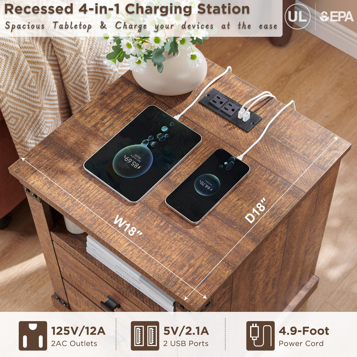 Farmhouse Nightstand with Charging Station, 18" Rustic Night Stand with 2 Storage Drawers, Wood End Table for Bedroom, Living Room, Reclaimed Barnwood RedLemon