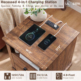 Farmhouse Nightstand with Charging Station, 18" Rustic Night Stand with 2 Storage Drawers, Wood End Table for Bedroom, Living Room, Reclaimed Barnwood RedLemon