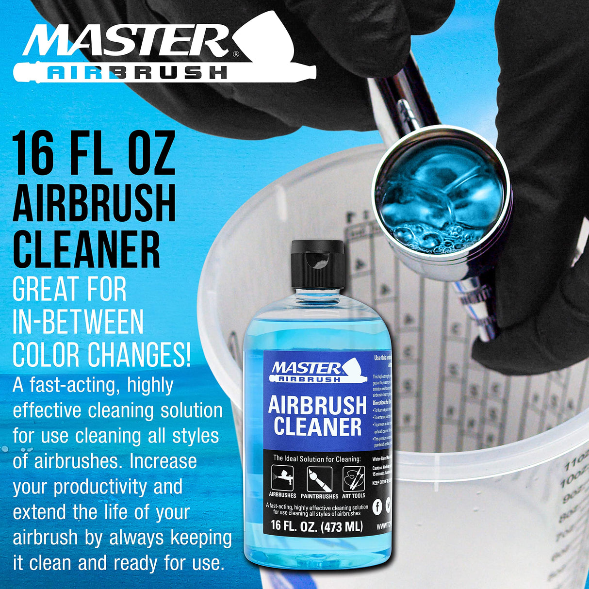 Master Airbrush Cleaner, 16-Ounce Pint Bottle - Fast Acting Cleaning Solution, Quickly Remove Water-Based Acrylic Paint, Watercolor, Makeup - Clean Clogged Airbrushes, Brushes, Artist Tools Master Airbrush