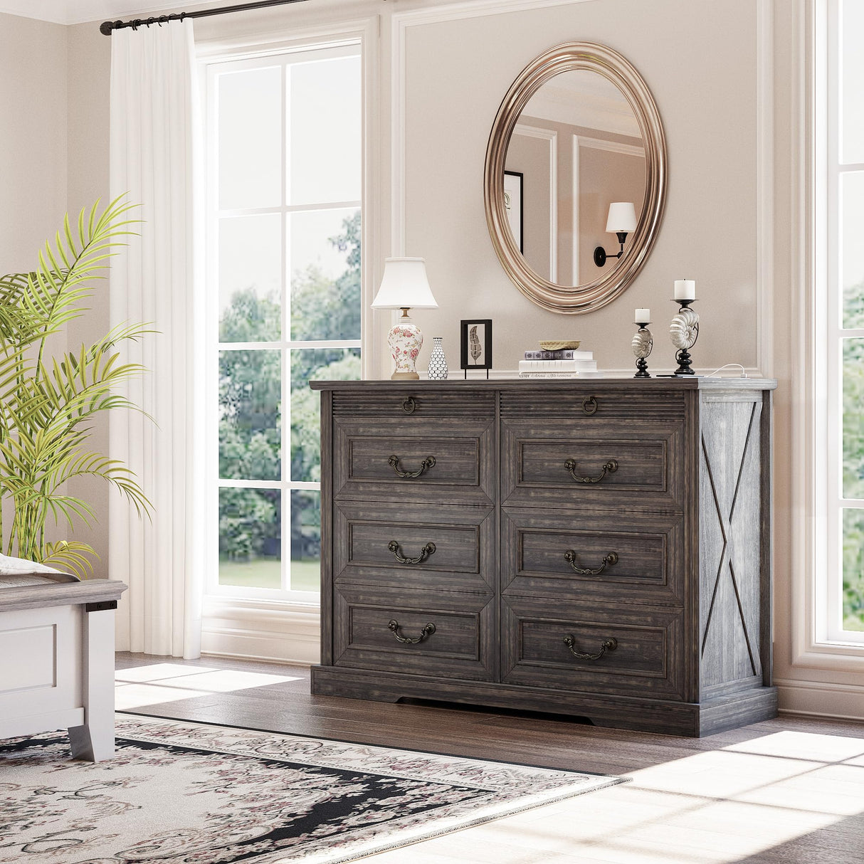 Lareth Farmhouse 6 Drawer Dresser for Bedroom 47 inch Wooden Double Chest of Drawers with Glass Top LED Light Charging Station One Secret Drawer Bedroom Closet Dresser Tv Stand for Living Room, Brown Lareth