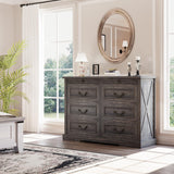 Lareth Farmhouse 6 Drawer Dresser for Bedroom 47 inch Wooden Double Chest of Drawers with Glass Top LED Light Charging Station One Secret Drawer Bedroom Closet Dresser Tv Stand for Living Room, Brown Lareth