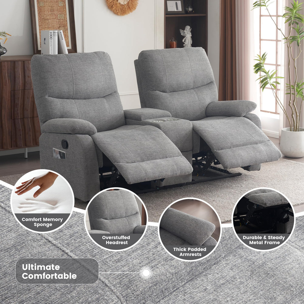 GUEAPY Manual Reclining Loveseat Sofa, Double Recline Love seat with Heat & Massage, Cup Holders & Storage Pocket, Comfortable Reclining Loveseat for Home Theater, Living Room, RV Recliner Grey GUEAPY