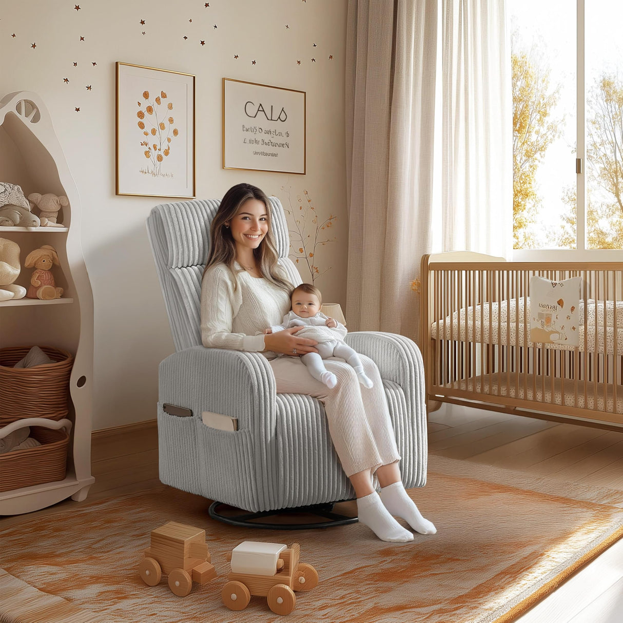 Yaheetech 360° Swivel Glider Chair for Nursery, Rocking Chair Nursing Chair with Side Pockets, Corduroy Glider for Living Room with High Back Light Gray Yaheetech