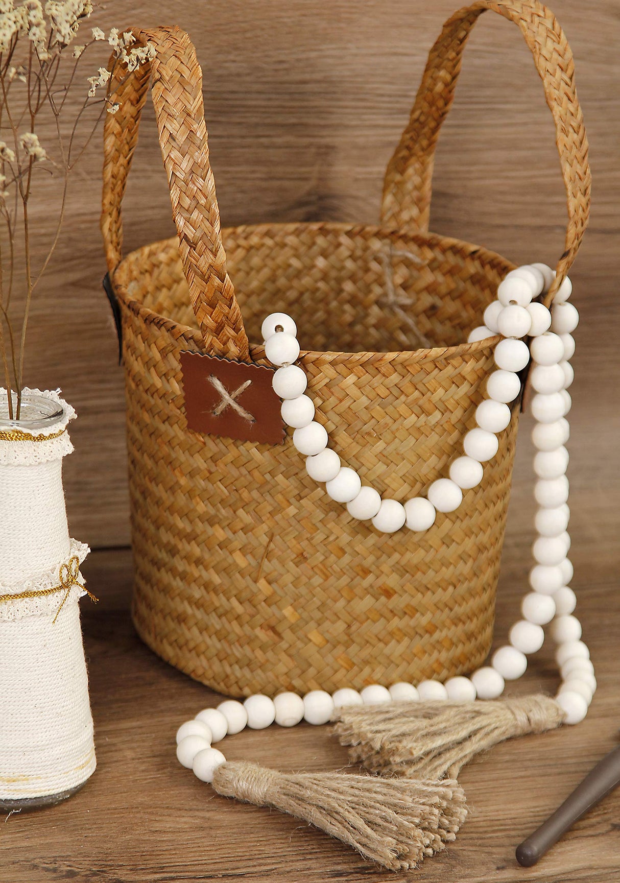 58in Wood Bead Garland with Tassels,Farmhouse Beads Rustic Country Decor Prayer Boho Beads Wall Hanging Decoration (Nature) RAMIRABI