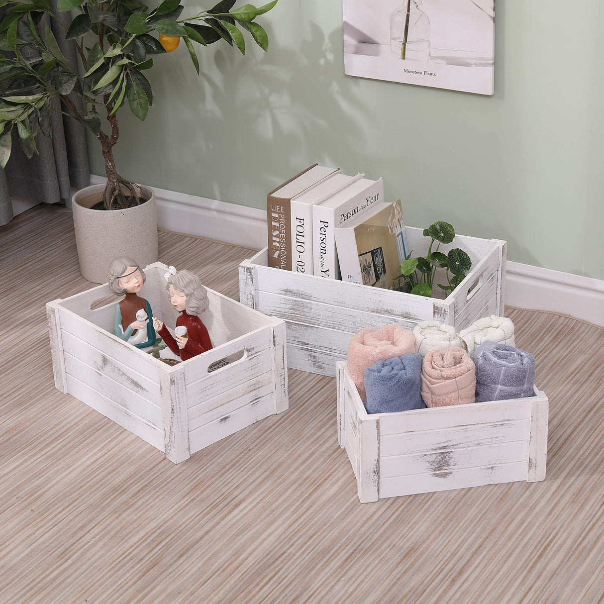 SENRYEE Farmhouse Antique White Wooden Crate For Storage,Rustic Decorative Boxes,Set Of 3 Extra Large Nesting Wooden Storage Crates For Home Decor,Handmade Natural Solid Wood Box (Rustic White) SENRYEE