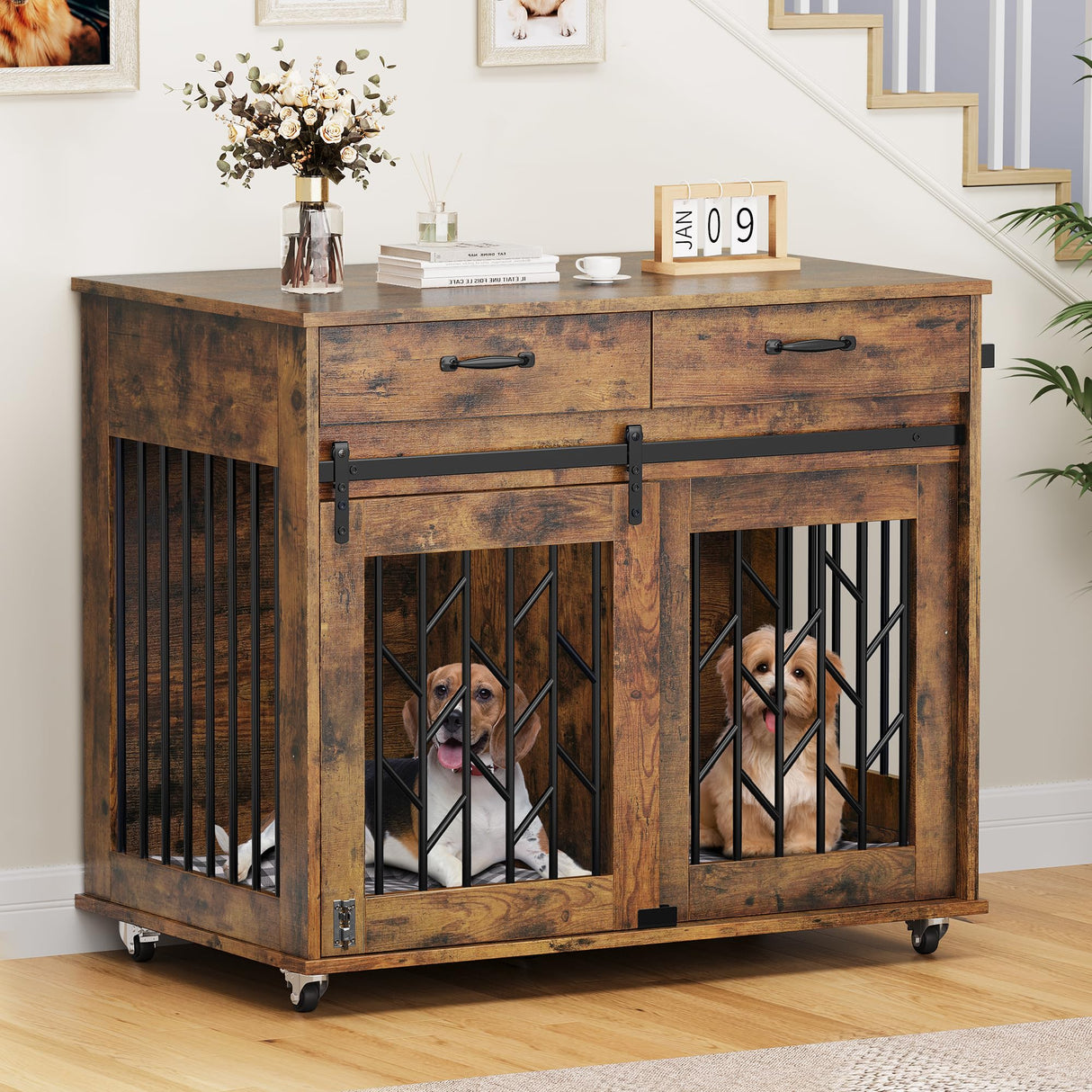 YITAHOME Dog Kennel Furniture for 2 Dogs, 39 inch Double Dog Crate with Storage Drawers, Indoor Wooden Dog House Heavy Duty for 2 Small Medium Dogs, Brown YITAHOME