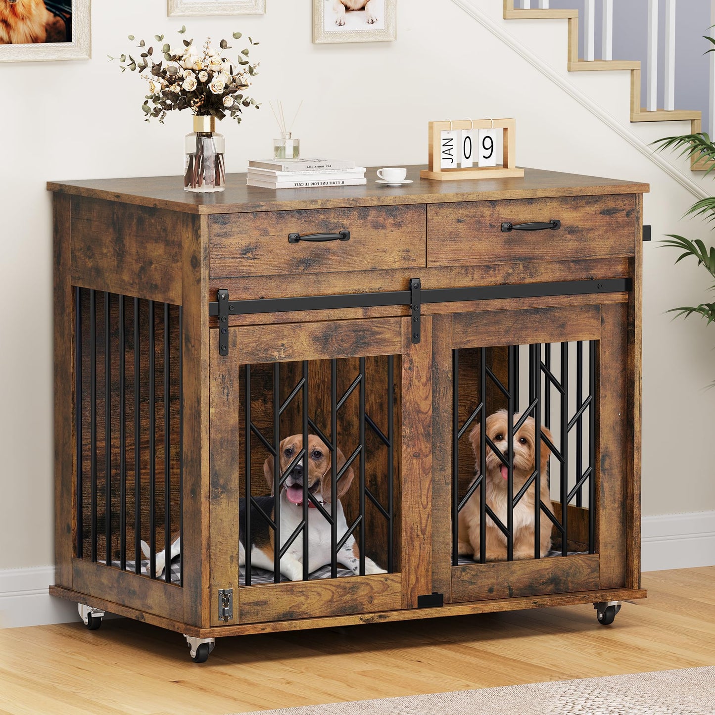 YITAHOME Dog Kennel Furniture for 2 Dogs, 39 inch Double Dog Crate with Storage Drawers, Indoor Wooden Dog House Heavy Duty for 2 Small Medium Dogs, Brown - WoodArtSupply