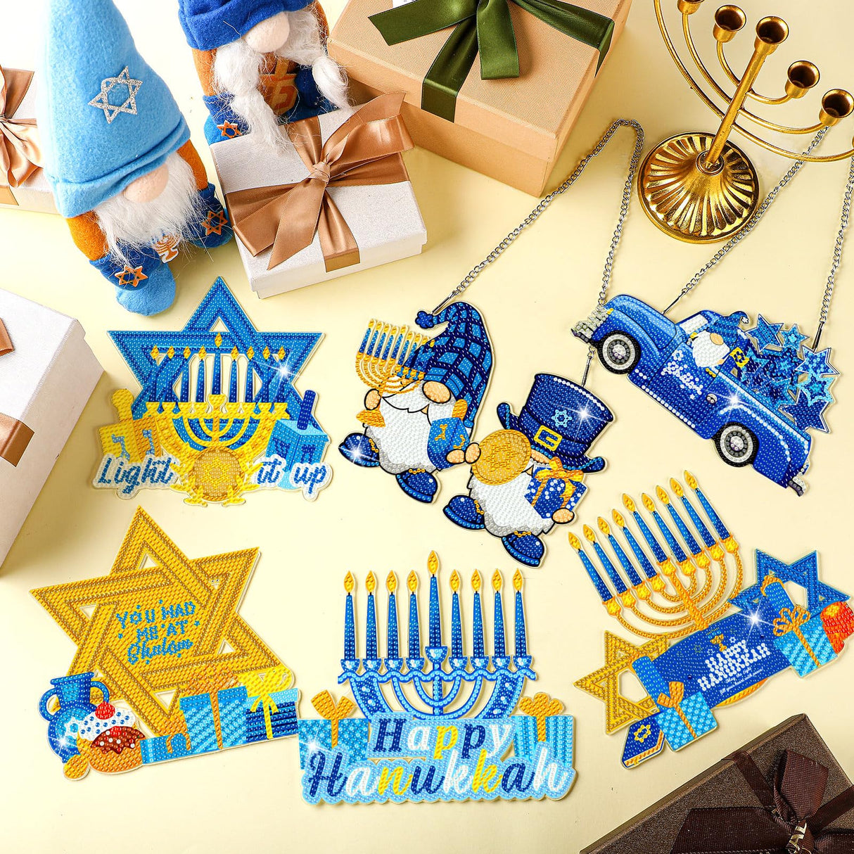 Zonon 6 Pcs Hanukkah Diamond Art Painting Hanging Sign Set Hanukkah Star Diamond Art Adults 5d DIY Craft Acrylic Pendant Ornaments Kits for Home Wall Door Window Decor Zonon