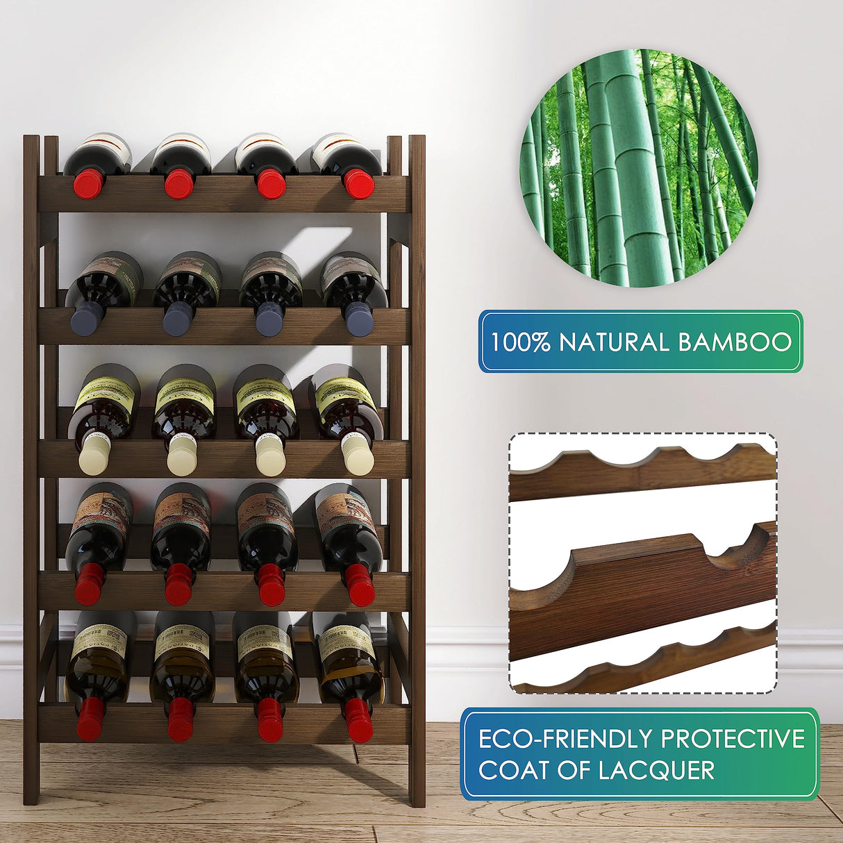 SMIBUY Bamboo Wine Rack, 20 Bottles Display Holder, 5-Tier Free Standing Storage Shelves for Kitchen, Pantry, Cellar, Bar (Walnut) SMIBUY