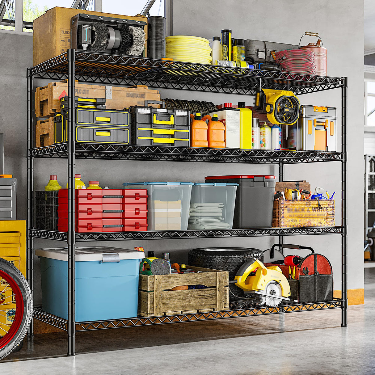 REIBII 2560LBS Storage Shelves 55.5"W Metal Shelving Unit 4 Tier Wire Shelving Commercial Adjustable Garage Shelving Heavy Duty for Storage Rack for Pantry, Garage, Kitchen, 55.5"W x 18"D x 55.5"H REIBII