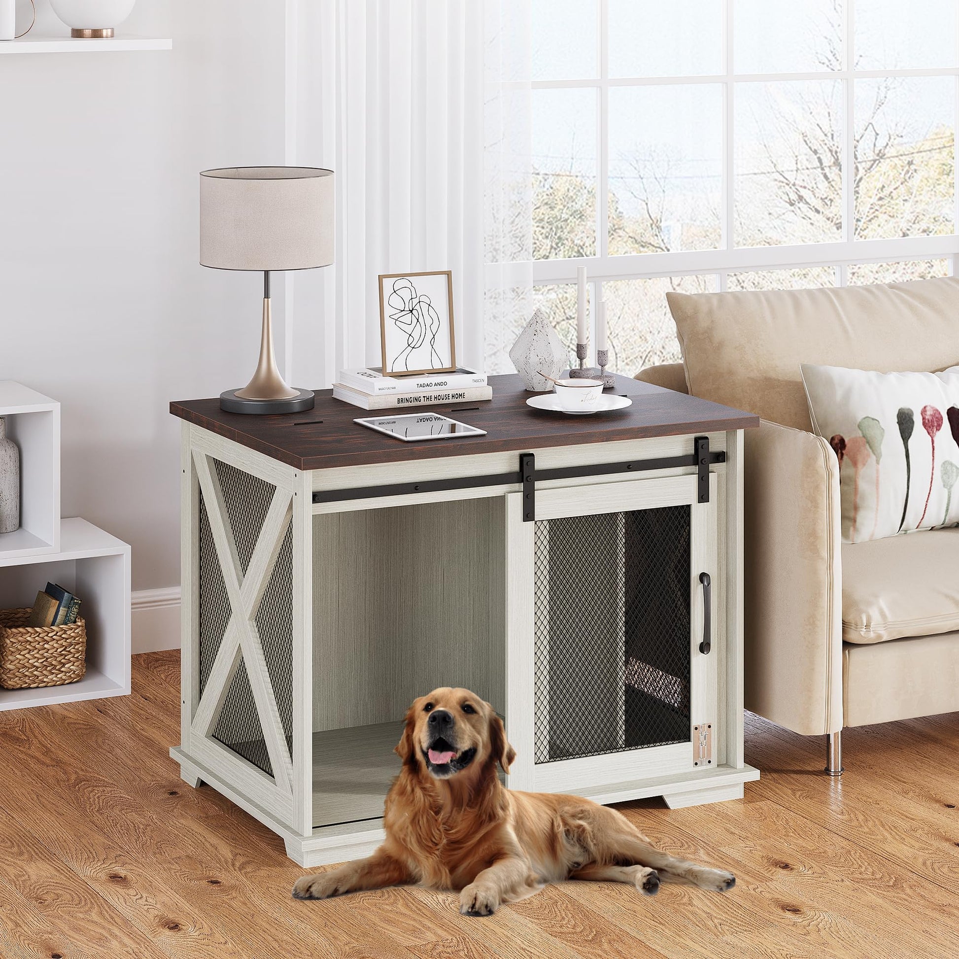 TROPOW Dog Crate Furniture with Flip Top, Dog Kennel Indoor with Sliding Door, Medium Dog Crate with Removable Divider, Wooden Dog Cage Furniture, Dog Crate Side Table, White - WoodArtSupply