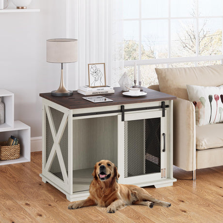 GAOMON 37'' Sliding Barn Door Dog Crate Furniture with Flip Top and Movable Divider, Wooden Dog Crate Table, Dog Kennel Side End Table, Furniture Style Large Dog House, White GAOMON