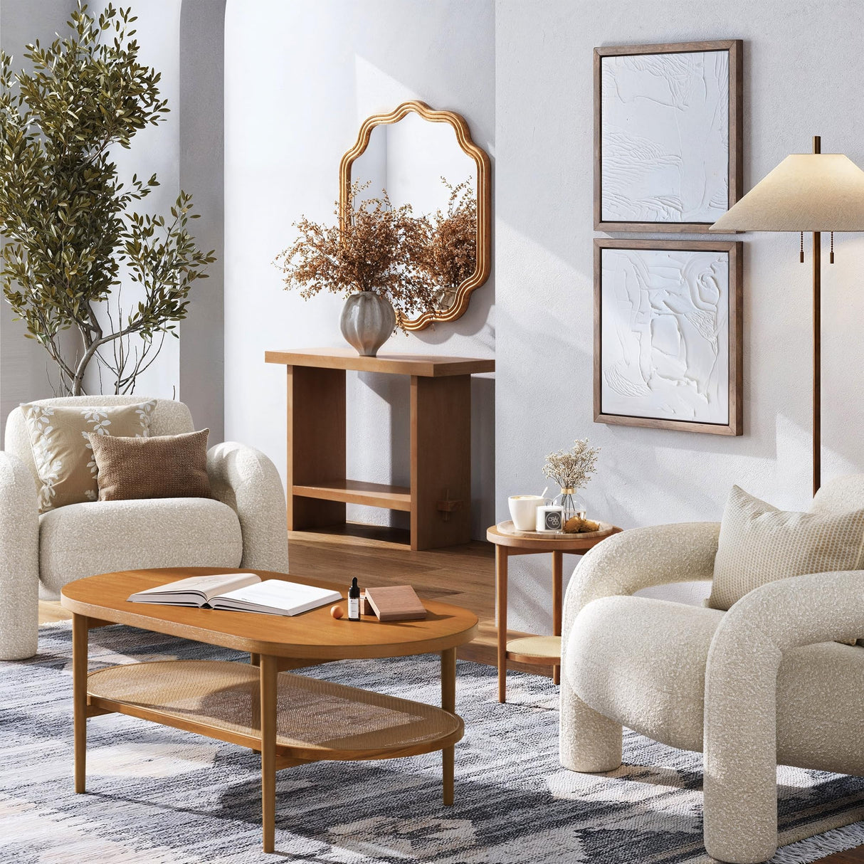 Sonia Bohemian 2-Tier Oval Coffee Table, Living Room Cane Table with Storage Shelf and Mid-Century Legs in Honey Brown Wood with Rattan Accent Nathan James