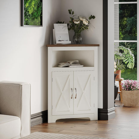 ChooChoo Farmhouse Corner Cabinet, Small Corner Storage Cabinet with Barn Door Design and Adjustable Shelf, Home Space Saver for Living Room, Bathroom, Kitchen, Soft White & Brown ChooChoo